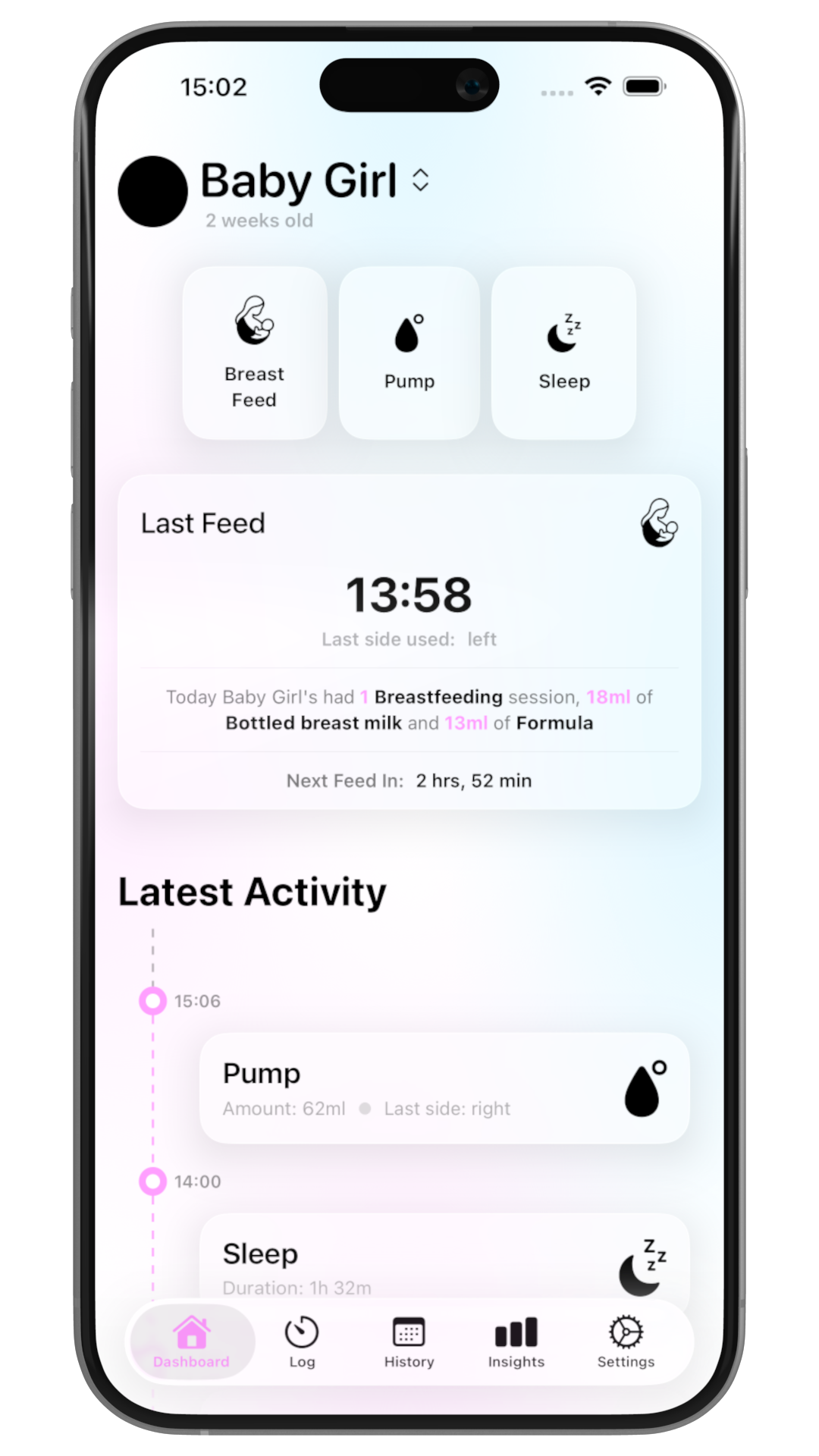 Milky Baby app dashboard showing baby feeding and sleep insights on iPhone